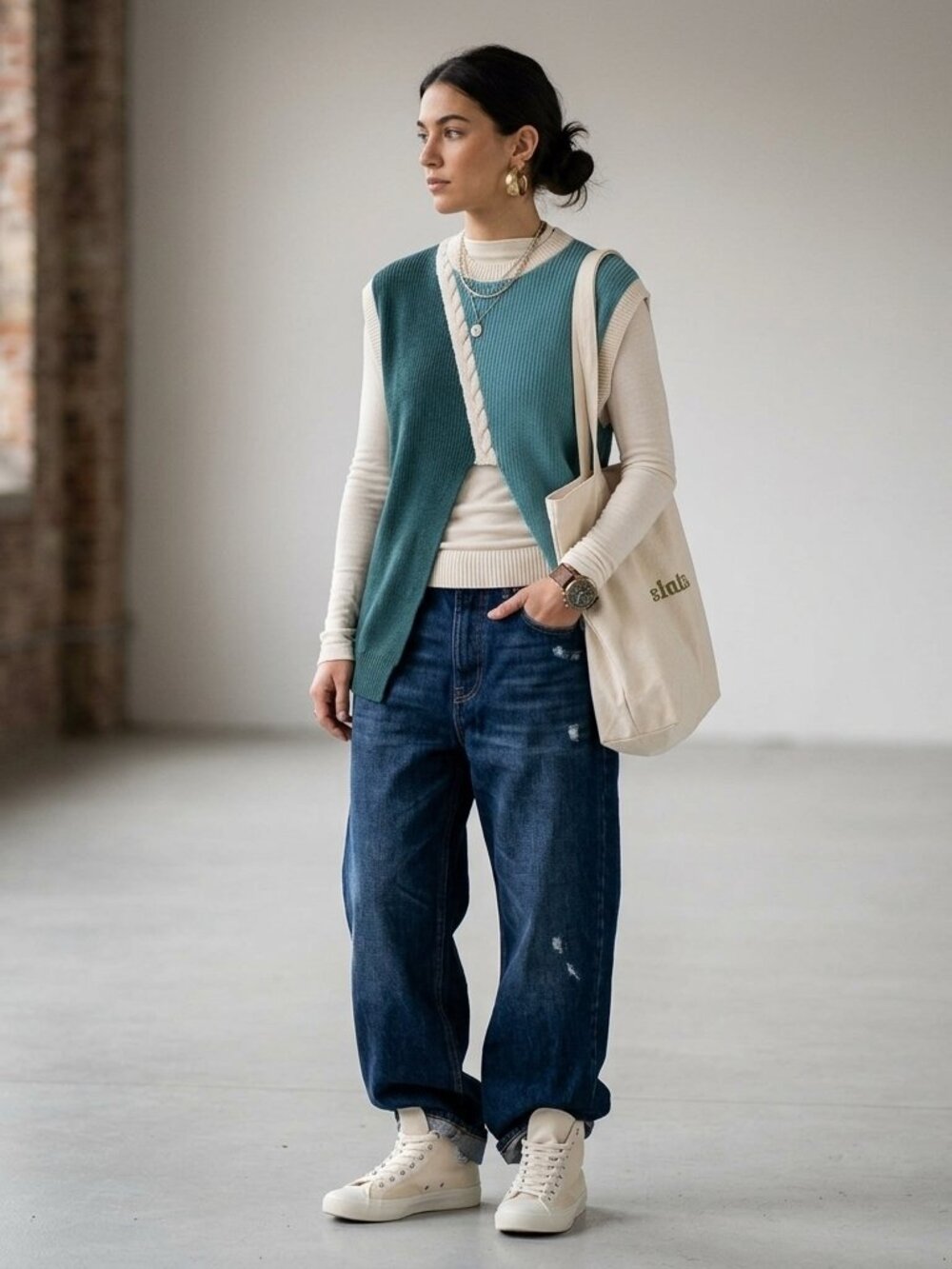 SKFK Organic Cotton Sweater Vest Large Colorblock Asymmetrical Hem Knit
